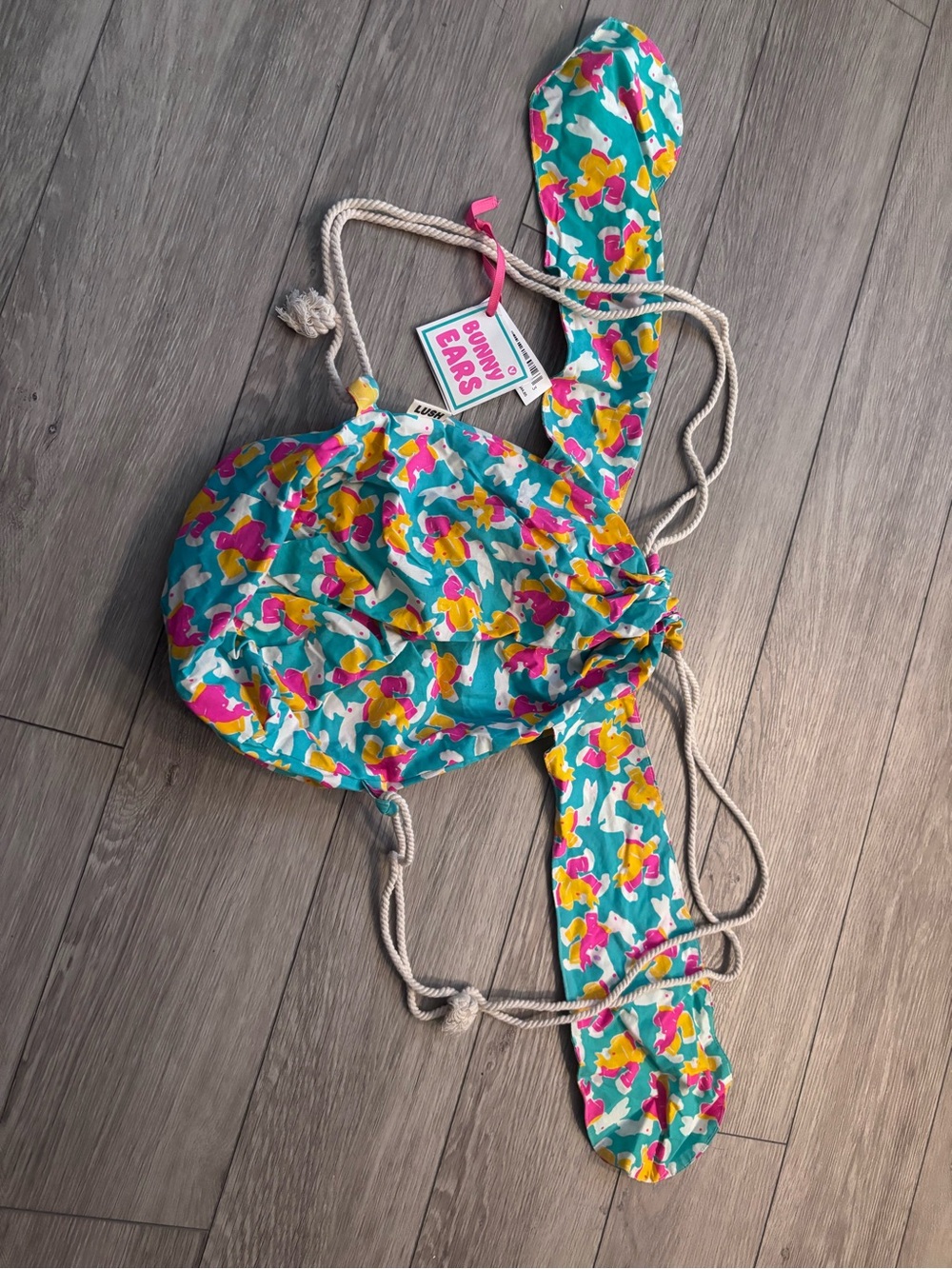 Lush Teal Drawstring Kids Bag with Pink and Yellow Duck Pattern